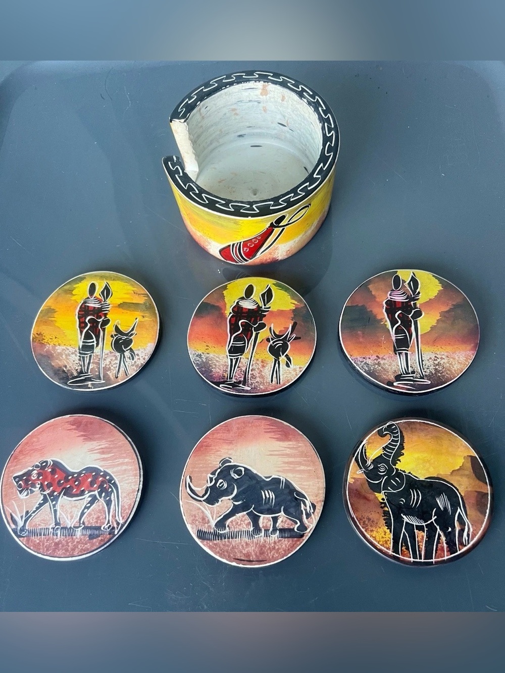 Kenyan Maasai Drink Coasters African Safari Animals 6 Piece With Holder